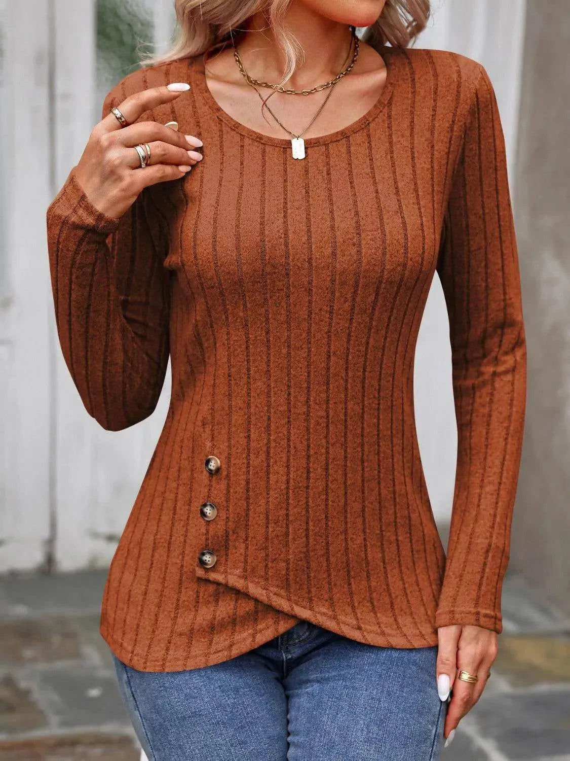 Decorative Button Round Neck Long Sleeve T-Shirt - Bona Fide Fashion