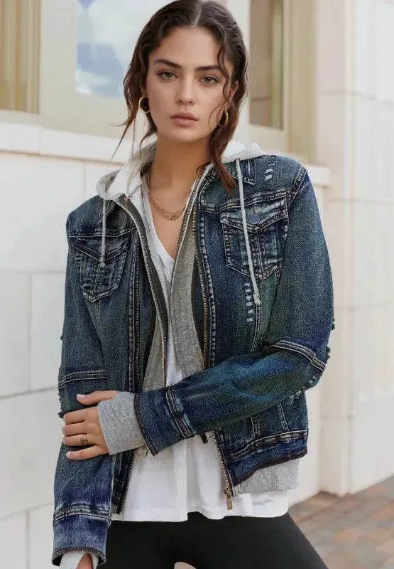 Fake Two-Piece Hooded Zip-Up Denim Jacket - Bona Fide Fashion