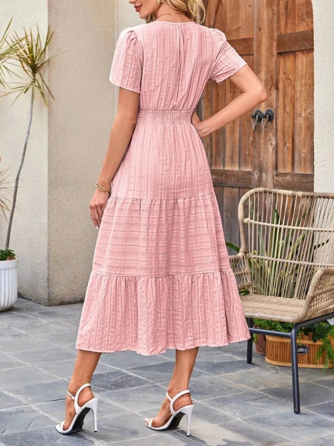 Tiered Notched Short Sleeve Dress - Bona Fide Fashion
