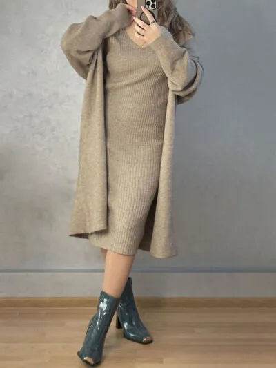 V-Neck Cami Dress and Open Front Cardigan Sweater Set - Bona Fide Fashion