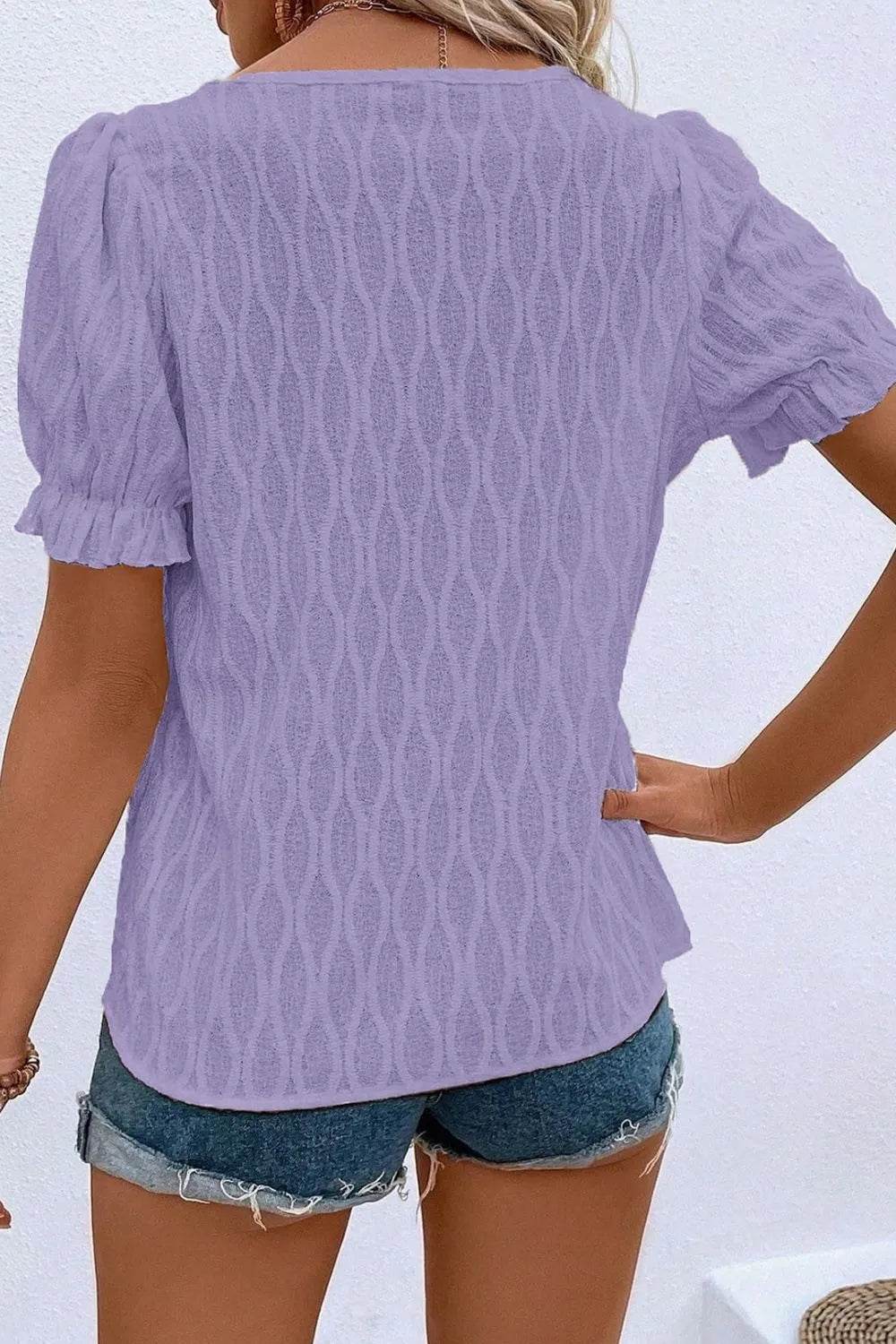 Texture Notched Short Sleeve Blouse - Bona Fide Fashion