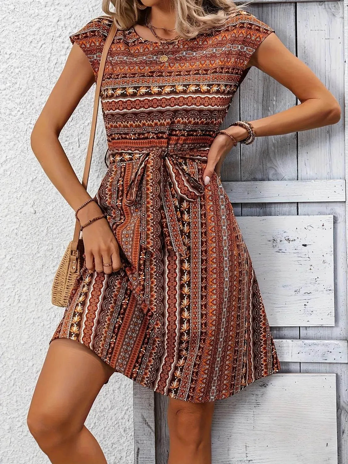Printed Round Neck Cap Sleeve Dress - Bona Fide Fashion