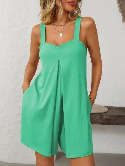 Mandy Sweetheart Neck Wide Strap Romper with Pockets - Bona Fide Fashion
