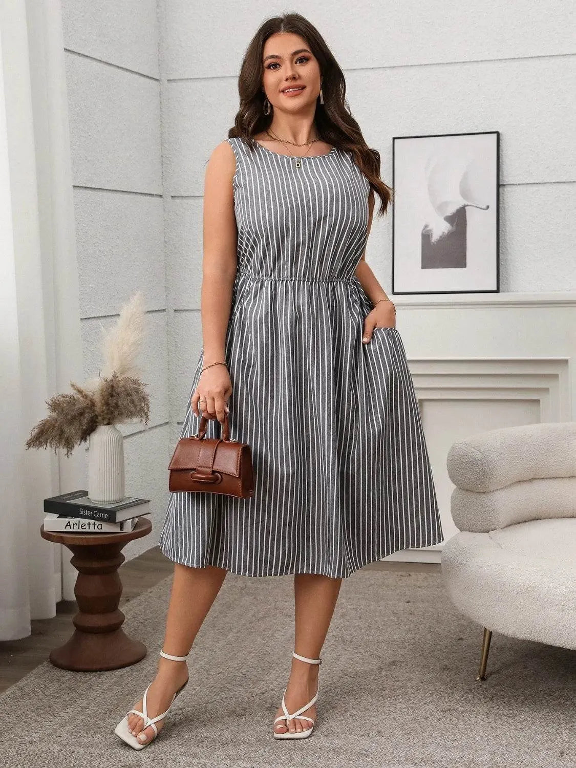 Plus Size Striped Round Neck Sleeveless Dress - Bona Fide Fashion