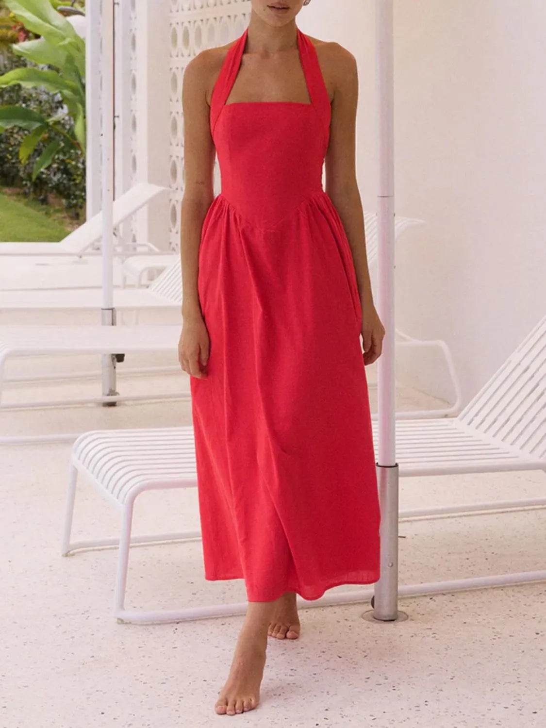 Devine Ruched Halter Neck Midi Dress - Bona Fide Fashion