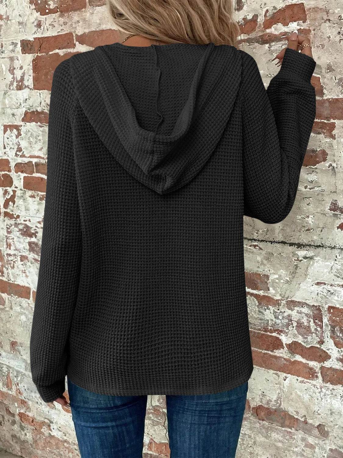Waffle Knit Long Sleeve Drawstring Hooded Top - Bona Fide Fashion