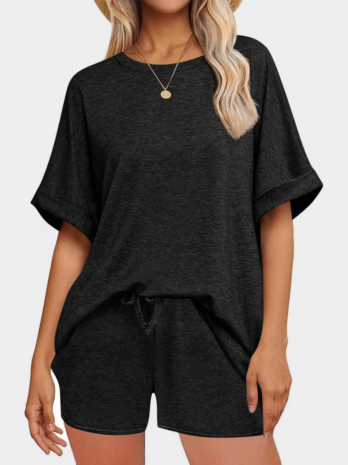 Round Neck T-Shirt and Drawstring Shorts Set - Bona Fide Fashion