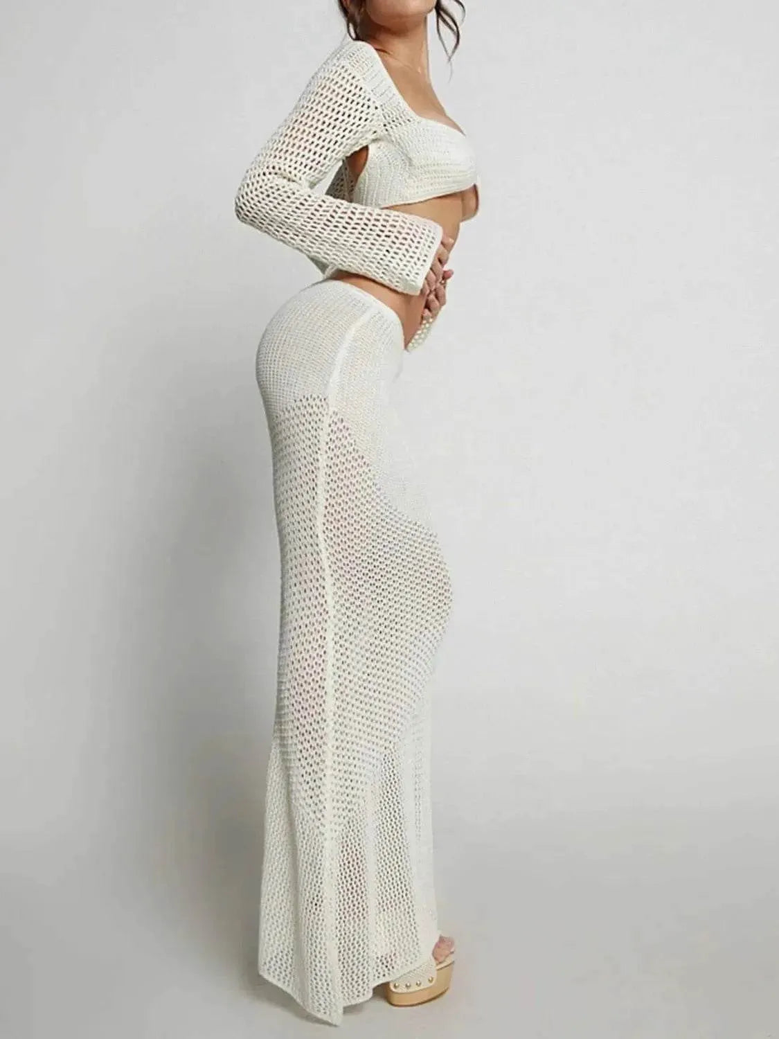 Tied Long Sleeve Top and Skirt Cover Up Set - Bona Fide Fashion