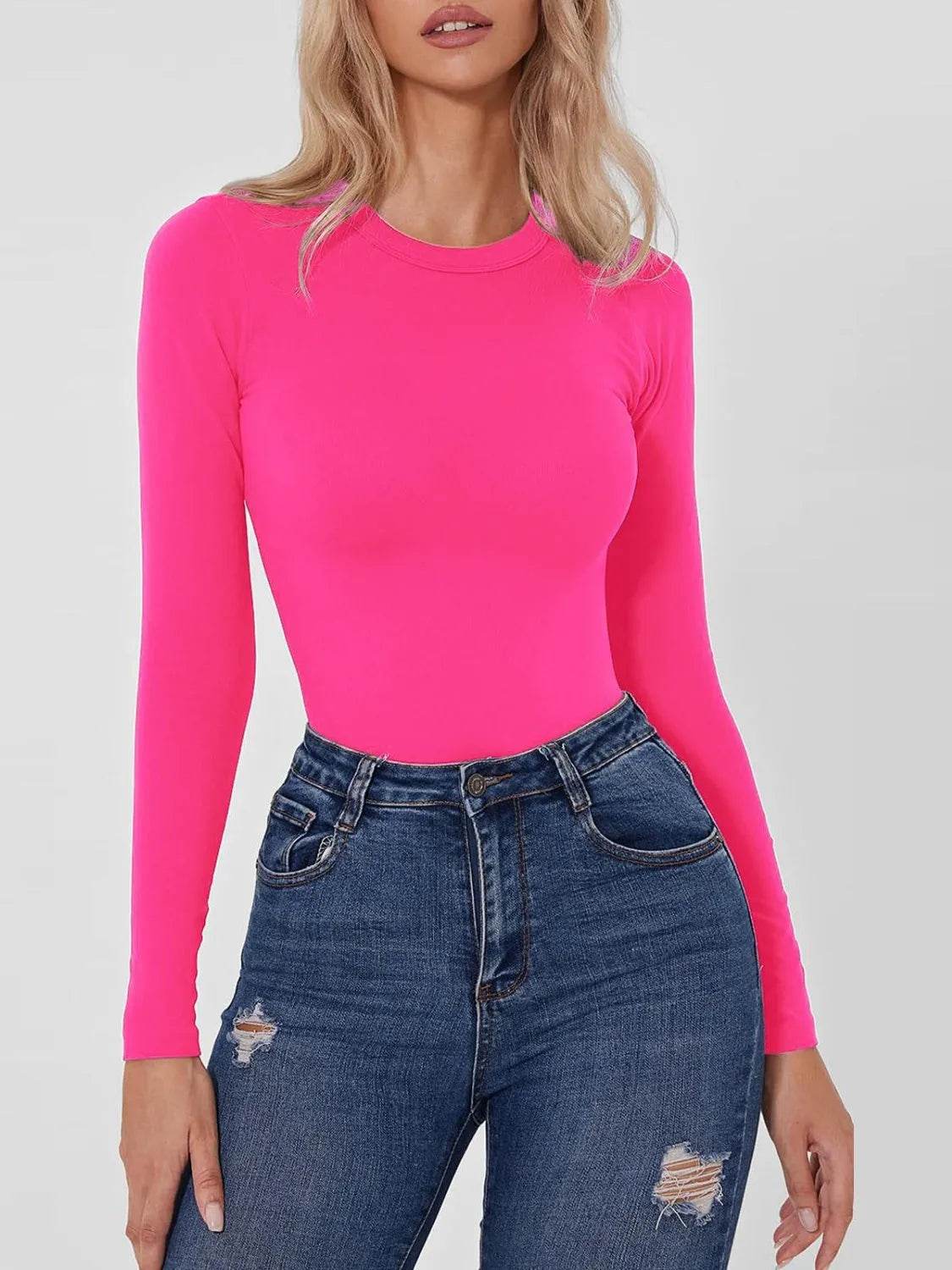 Round Neck Long Sleeve Bodysuit - Bona Fide Fashion