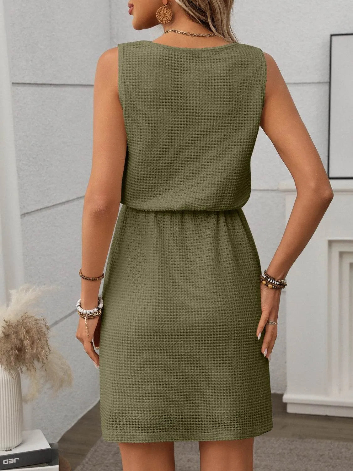 Waffle-Knit Drawstring Mini Tank Dress - Bona Fide Fashion