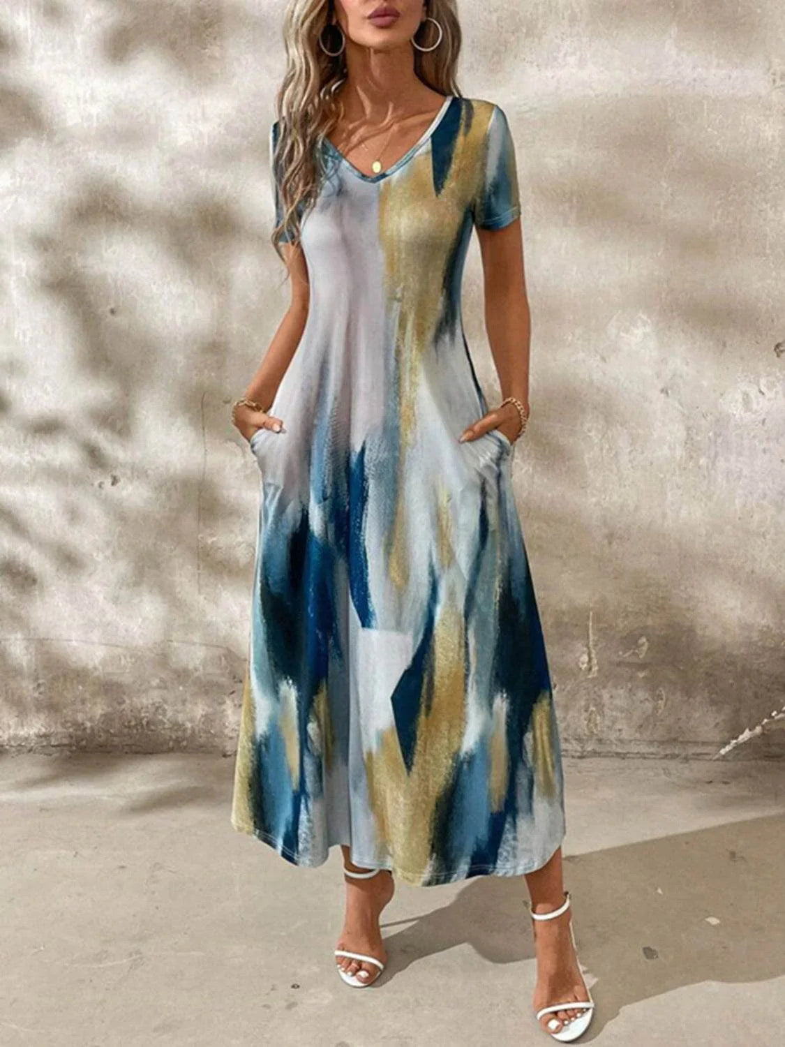 Tie-Dye V-Neck Short Sleeve Midi Tee Dress - Bona Fide Fashion