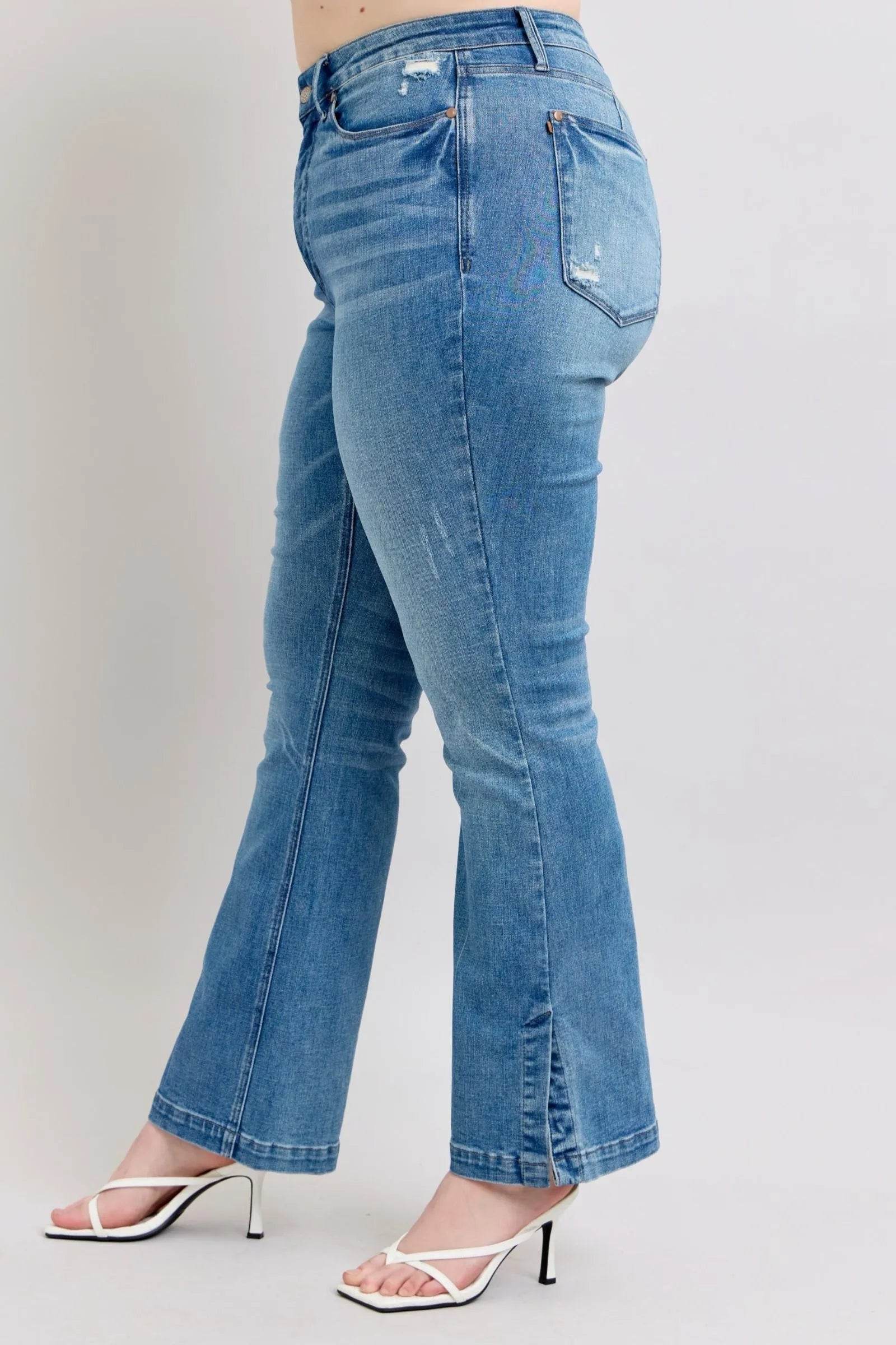 Judy Blue HW Tummy Control Vintage Wash Side Slit Slim Boot Jeans - Bona Fide Fashion