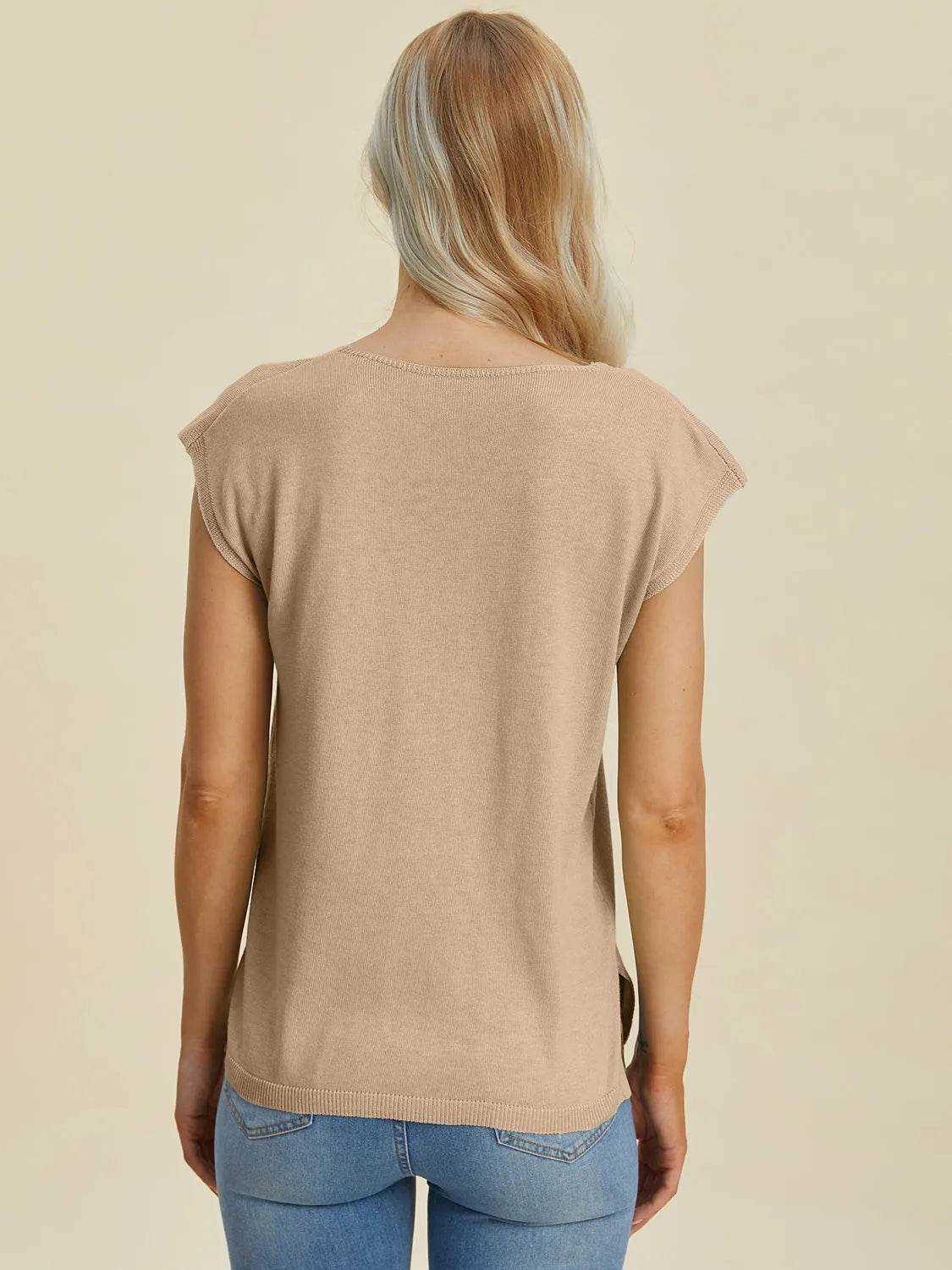 Double Take Full Size Notched Cap Sleeve Knit Top - Bona Fide Fashion