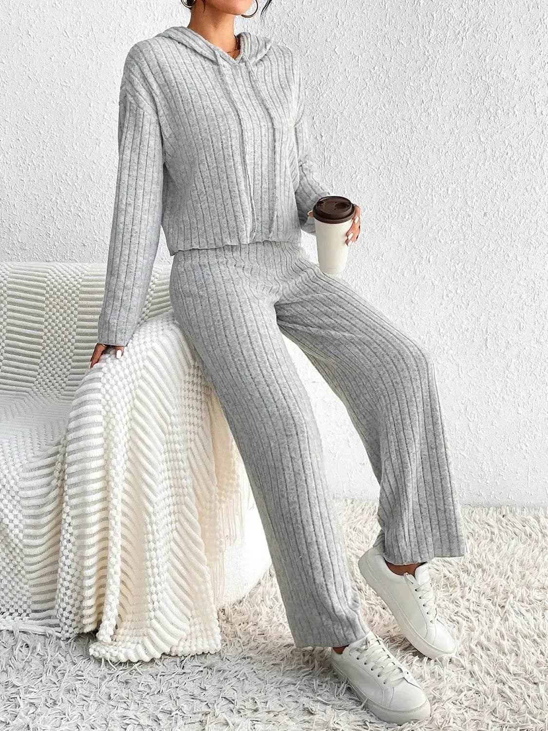 Honey Drawstring Ribbed Hoodie and Straight Leg Pants Set - Bona Fide Fashion