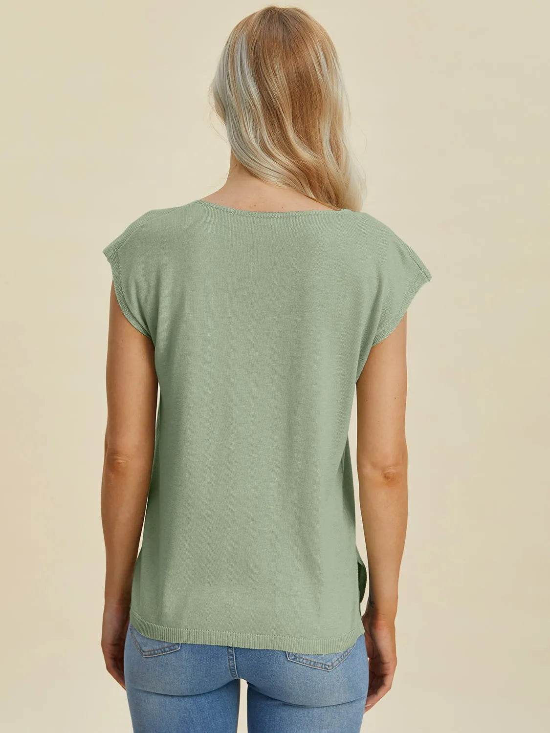 Double Take Full Size Notched Cap Sleeve Knit Top - Bona Fide Fashion