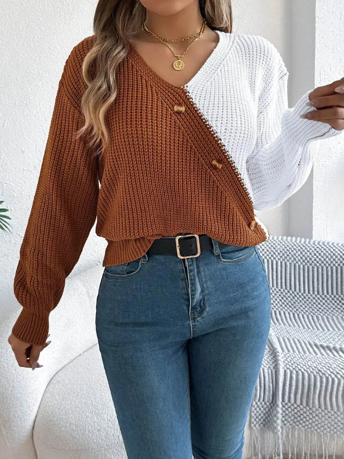 Two-Tone V-Neck Long Sleeve Sweater - Bona Fide Fashion