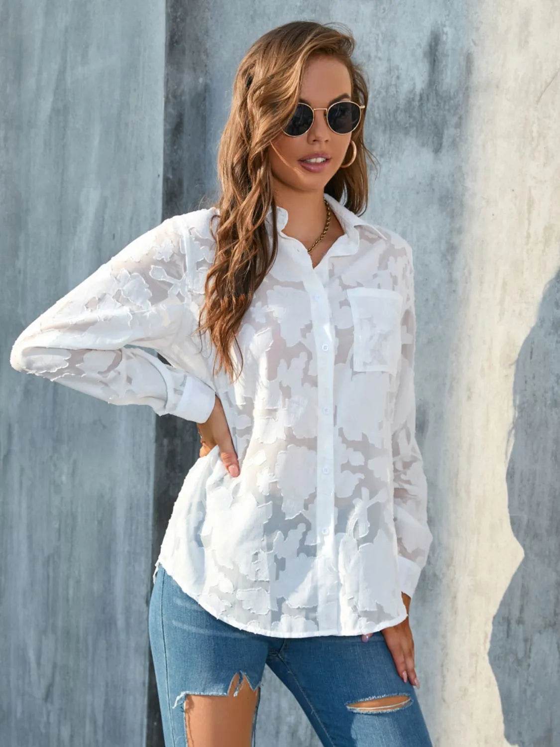 Full Size Collared Neck Long Sleeve Shirt Plus Size - Bona Fide Fashion