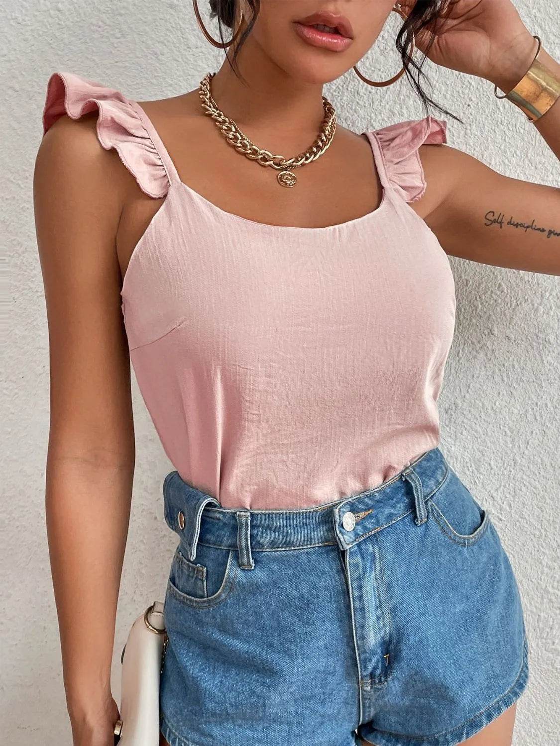 Backless Ruffled Scoop Neck Tank - Bona Fide Fashion