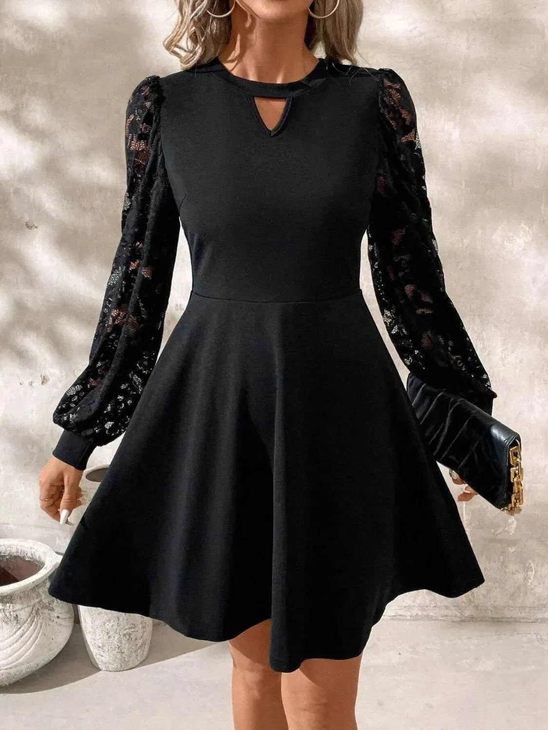 Cutout Lace Long Sleeve Mini Dress - Bona Fide Fashion