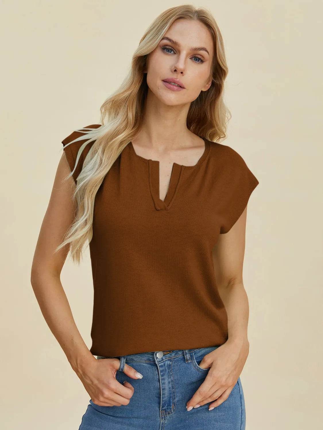 Double Take Full Size Notched Cap Sleeve Knit Top - Bona Fide Fashion