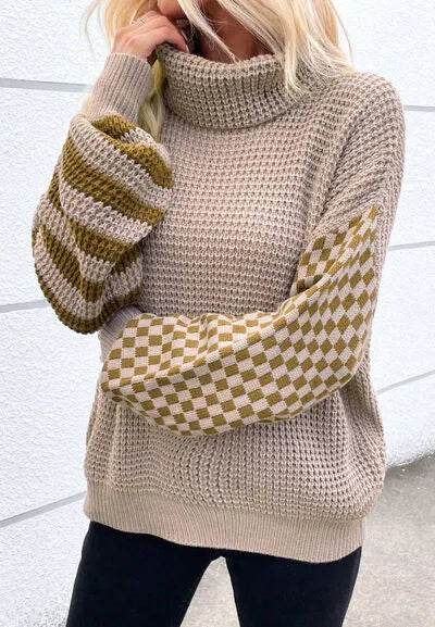Striped & Checkered Turtleneck Dropped Shoulder Sweater - Bona Fide Fashion
