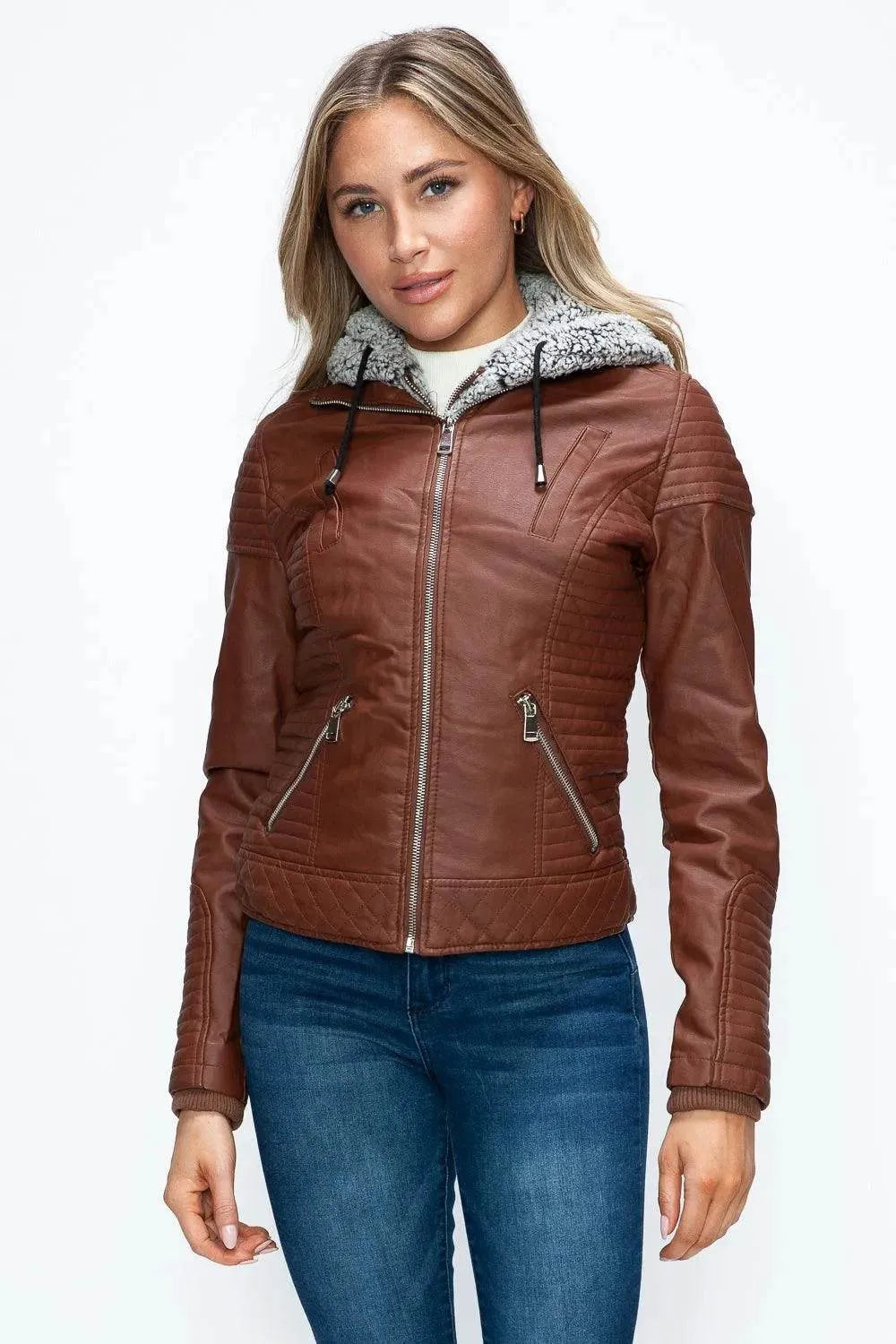 YMI Faux Layered Double-Zipper Jacket with Fuzzy Hood - Bona Fide Fashion