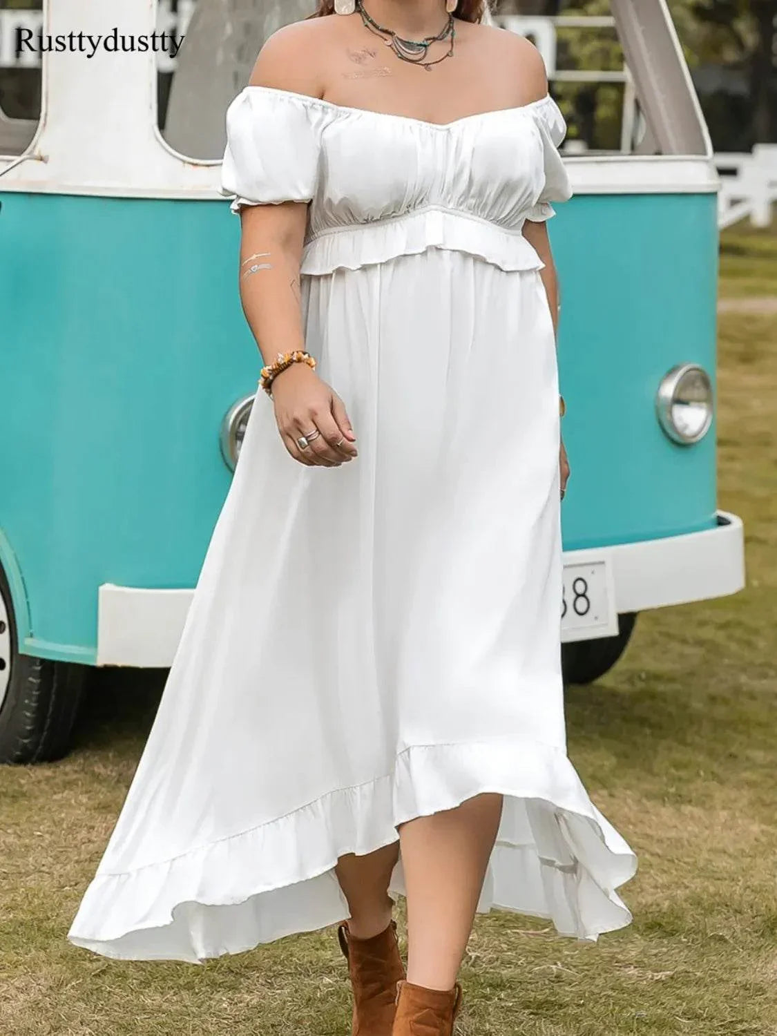 Plus Size Ruffled Hem Off-Shoulder Dress - Bona Fide Fashion
