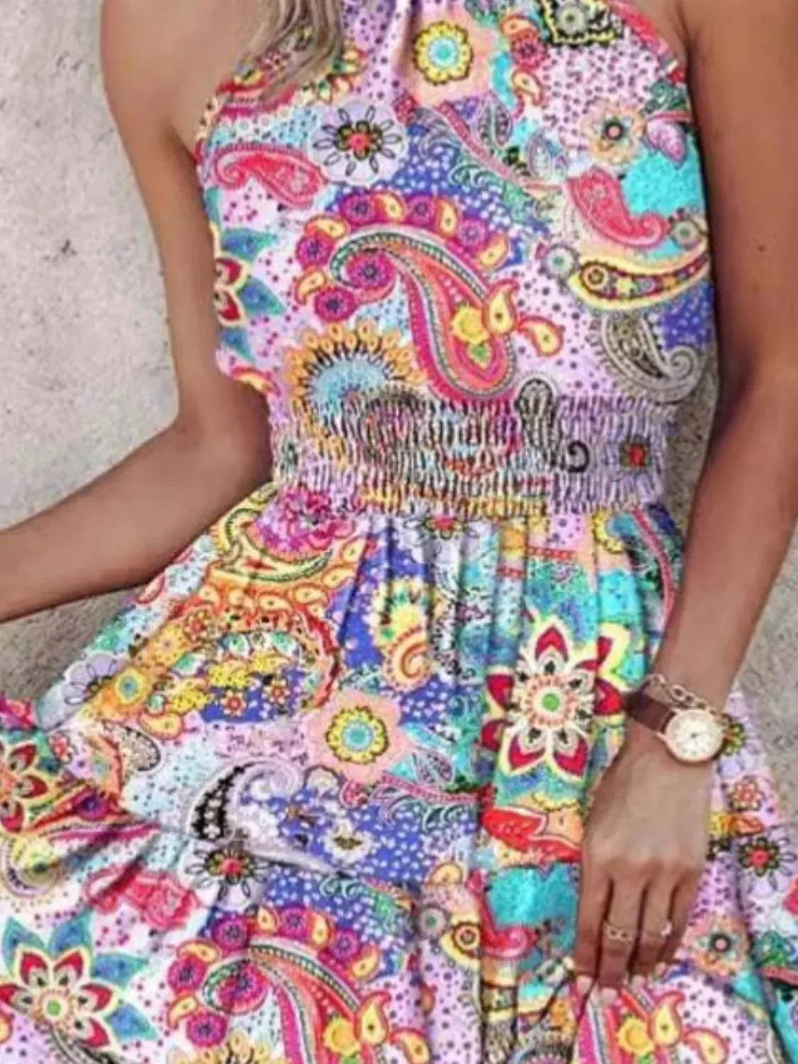 Smocked Printed Halter Neck Mini Dress - Bona Fide Fashion