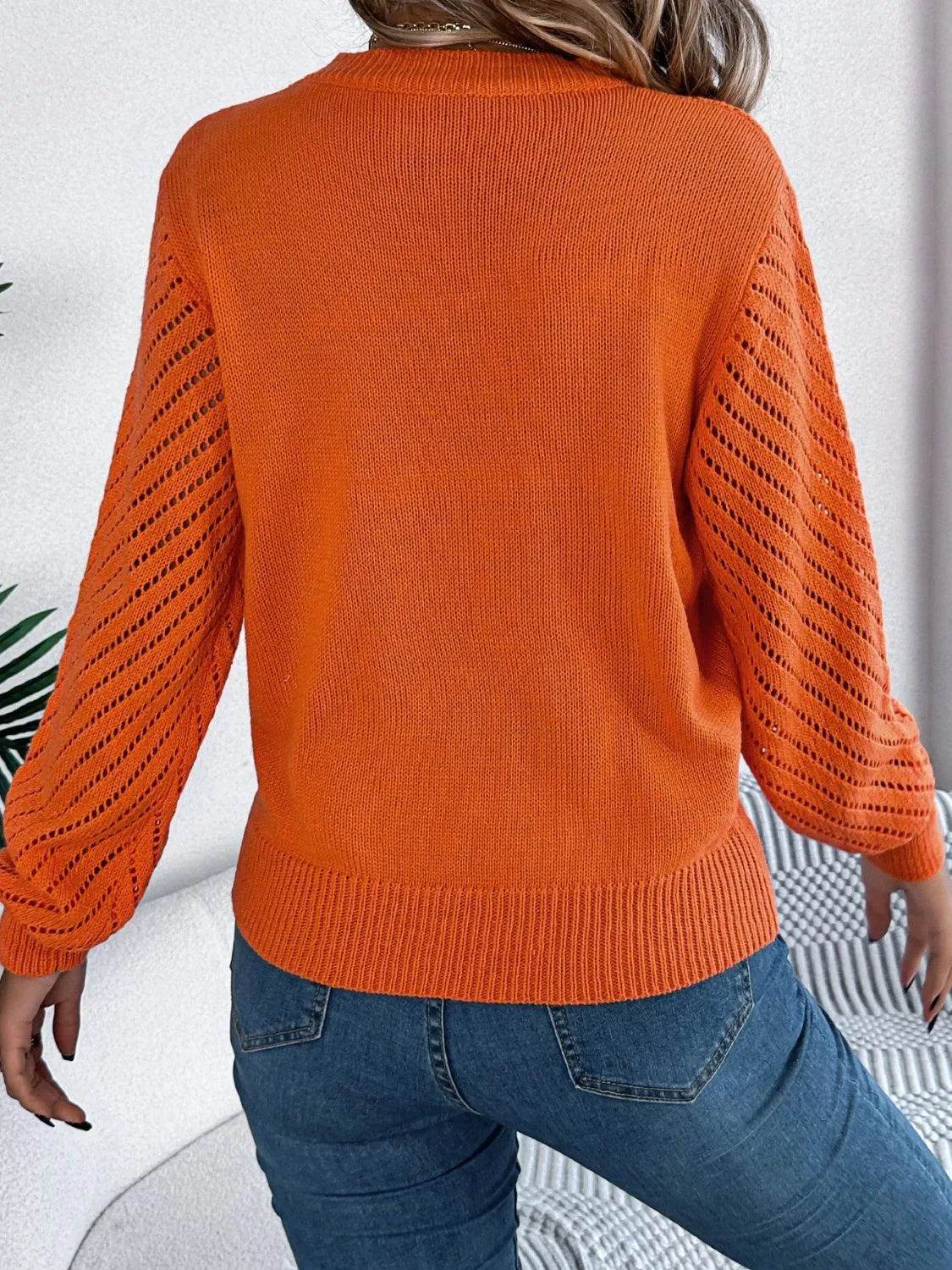 Openwork Round Neck Long Sleeve Knit Top - Bona Fide Fashion