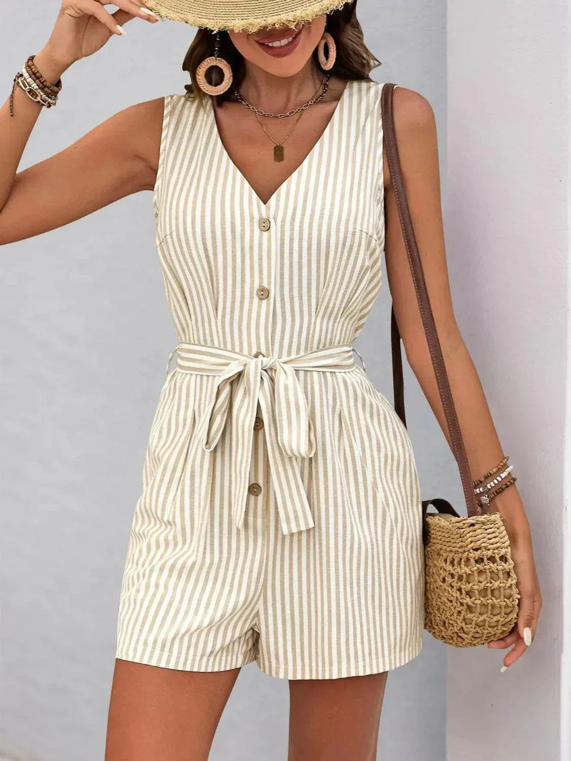 Perfee Striped V-Neck Tie Waist Romper – Cute & Casual One-Piece Outfit for Women - Bona Fide Fashion