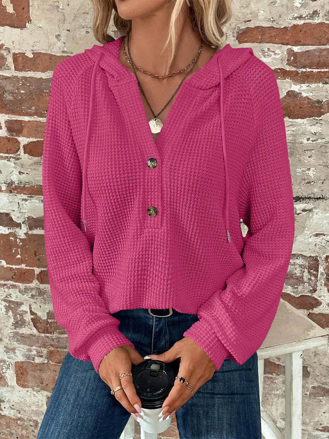Waffle Knit Long Sleeve Drawstring Hooded Top - Bona Fide Fashion