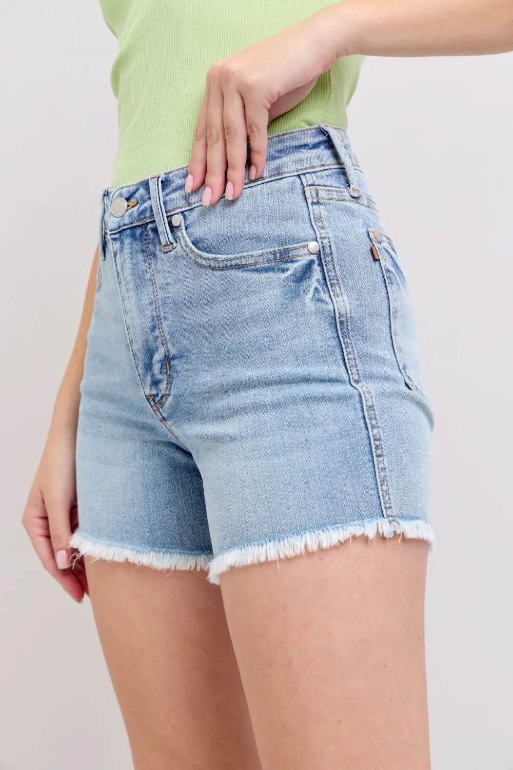 Judy Blue Full Size Tummy Control Raw Hem Denim Shorts Plus Size - Bona Fide Fashion