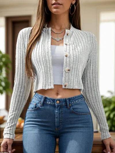Button Up Round Neck Long Sleeve Cardigan - Bona Fide Fashion