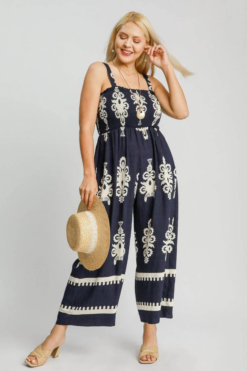 Umgee Full Size Smocked Printed Wide Leg Jumpsuit Plus Size - Bona Fide Fashion