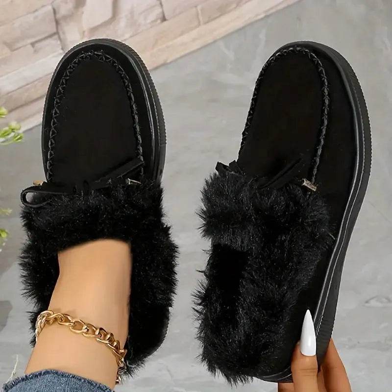 Bow Furry Round Toe Flat Slip-Ons - Bona Fide Fashion