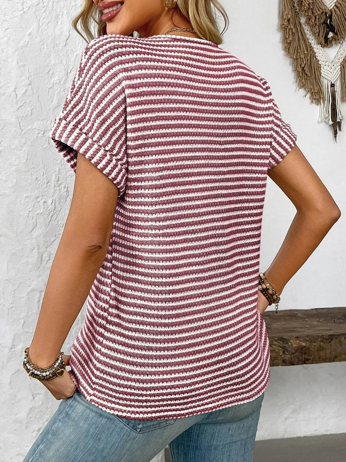 Striped Notched Short Sleeve T-Shirt - Bona Fide Fashion