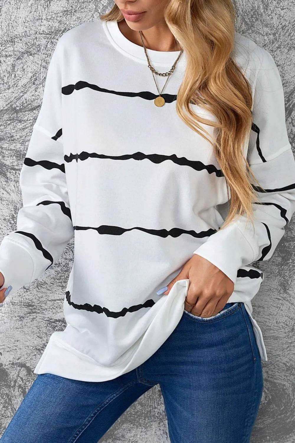 Slit Contrast Striped Round Neck Long Sleeve T-Shirt - Bona Fide Fashion