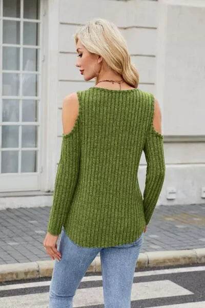 Ribbed Cold Shoulder Long Sleeve Top - Bona Fide Fashion