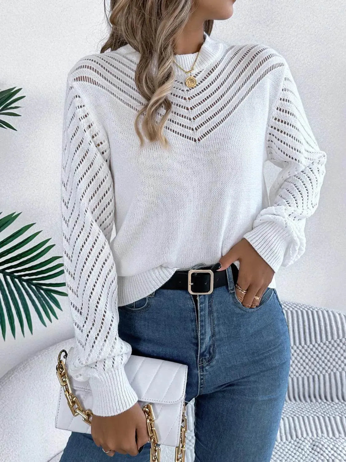 Openwork Round Neck Long Sleeve Knit Top - Bona Fide Fashion