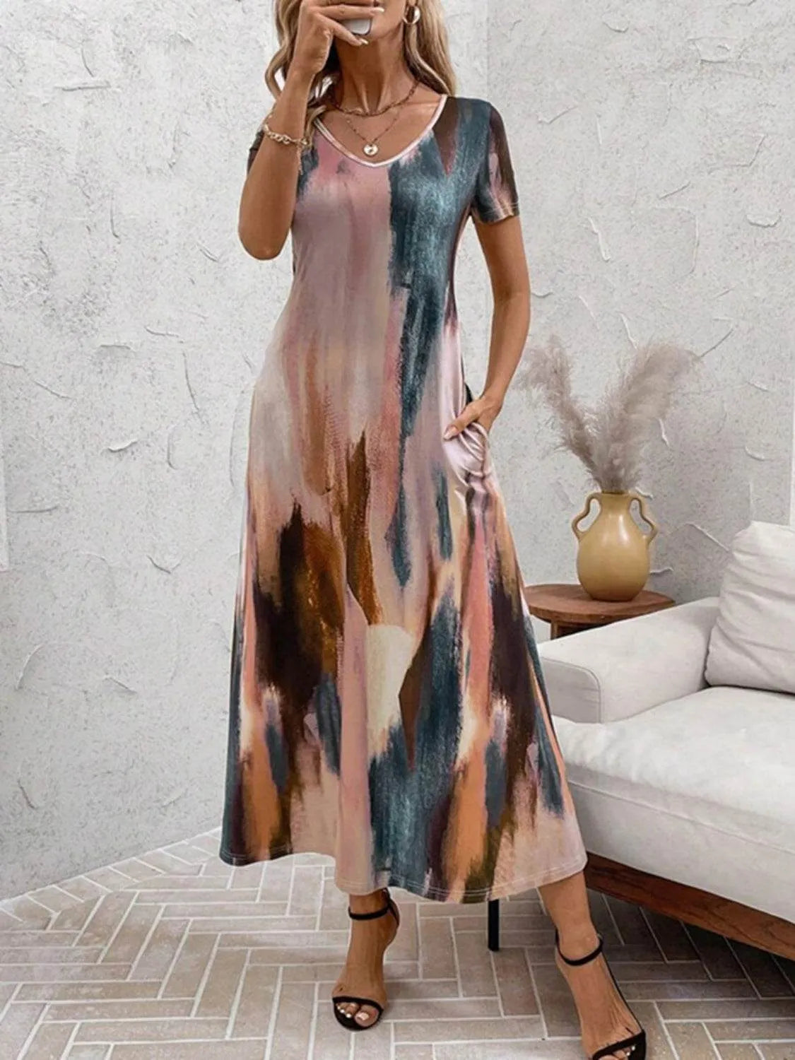 Tie-Dye V-Neck Short Sleeve Midi Tee Dress - Bona Fide Fashion