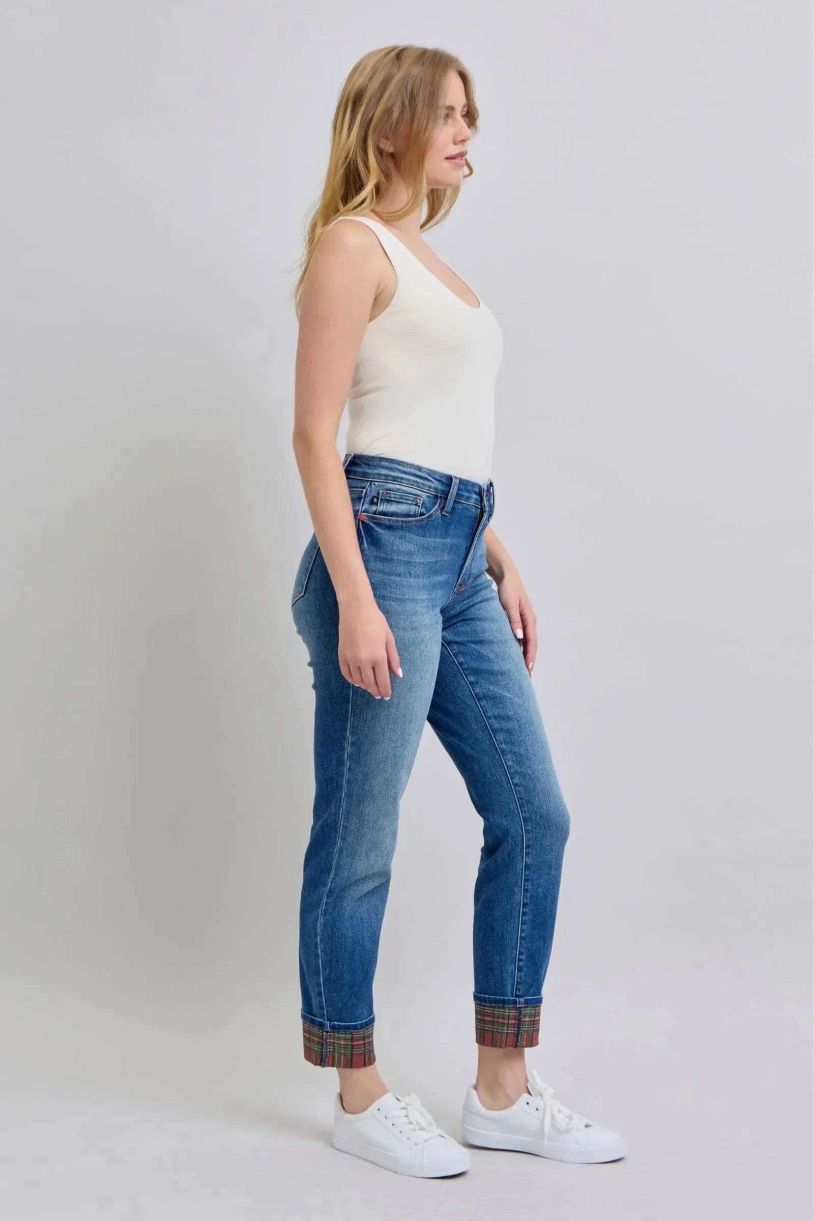 Judy Blue Full Size Plaid Print Cuff Straight Leg Jeans with Pockets - Bona Fide Fashion