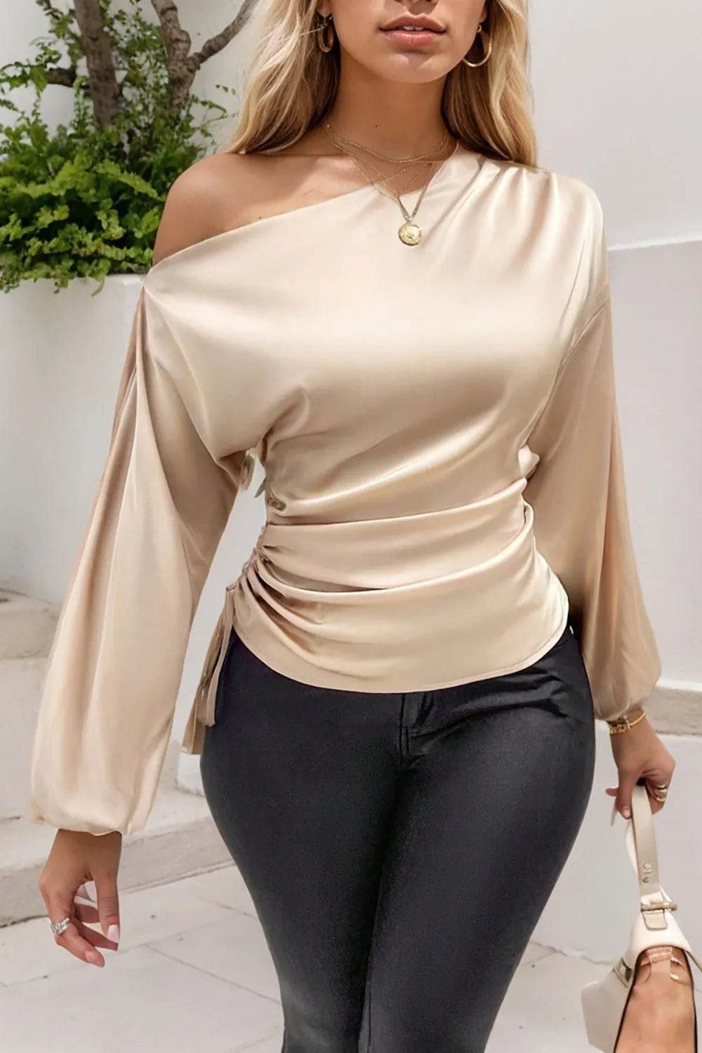 Drawstring One Shoulder Long Sleeve Blouse - Bona Fide Fashion