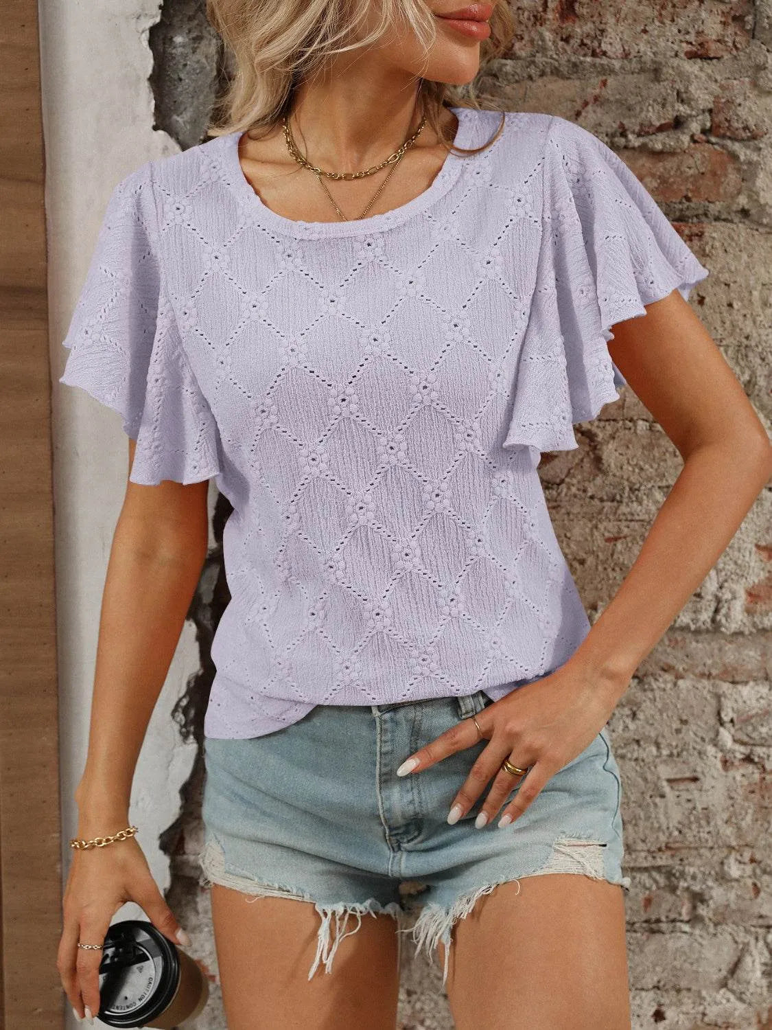Eyelet Round Neck Flutter Sleeve Top - Bona Fide Fashion