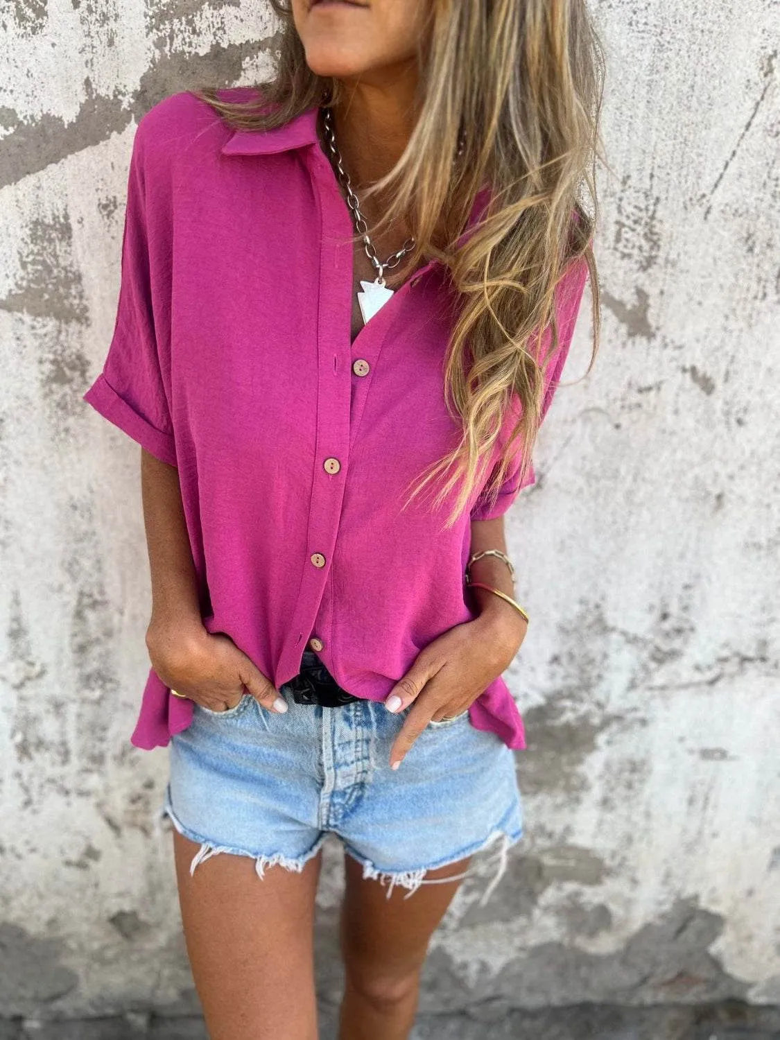 Full Size Collared Neck Half Sleeve Shirt Plus Size - Bona Fide Fashion