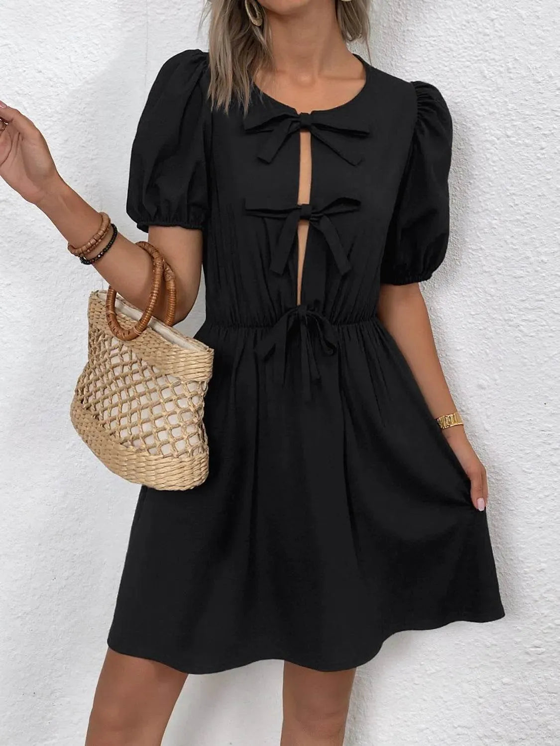 Tie Front Puff Sleeve Mini Dress - Bona Fide Fashion