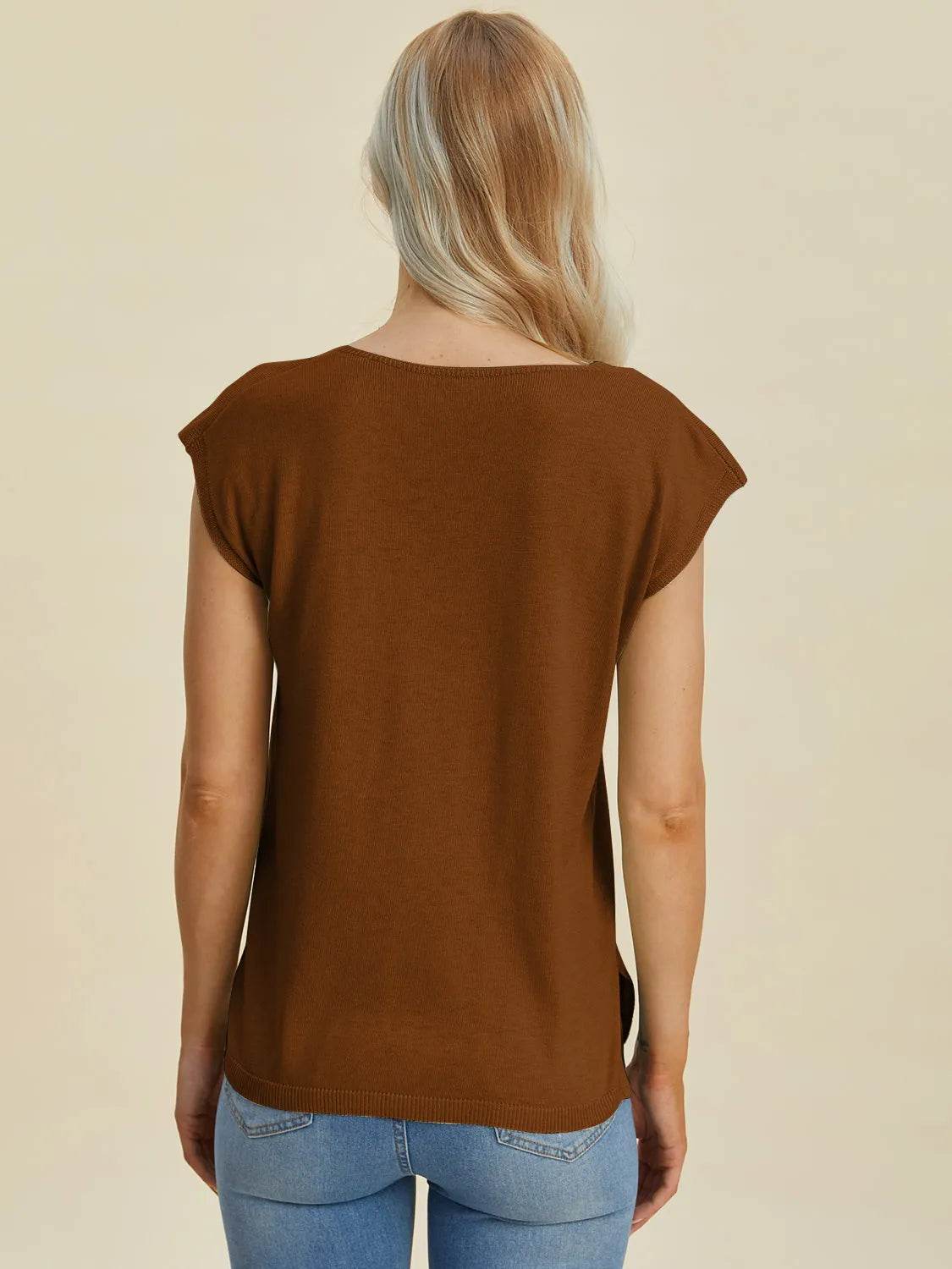 Double Take Full Size Notched Cap Sleeve Knit Top - Bona Fide Fashion