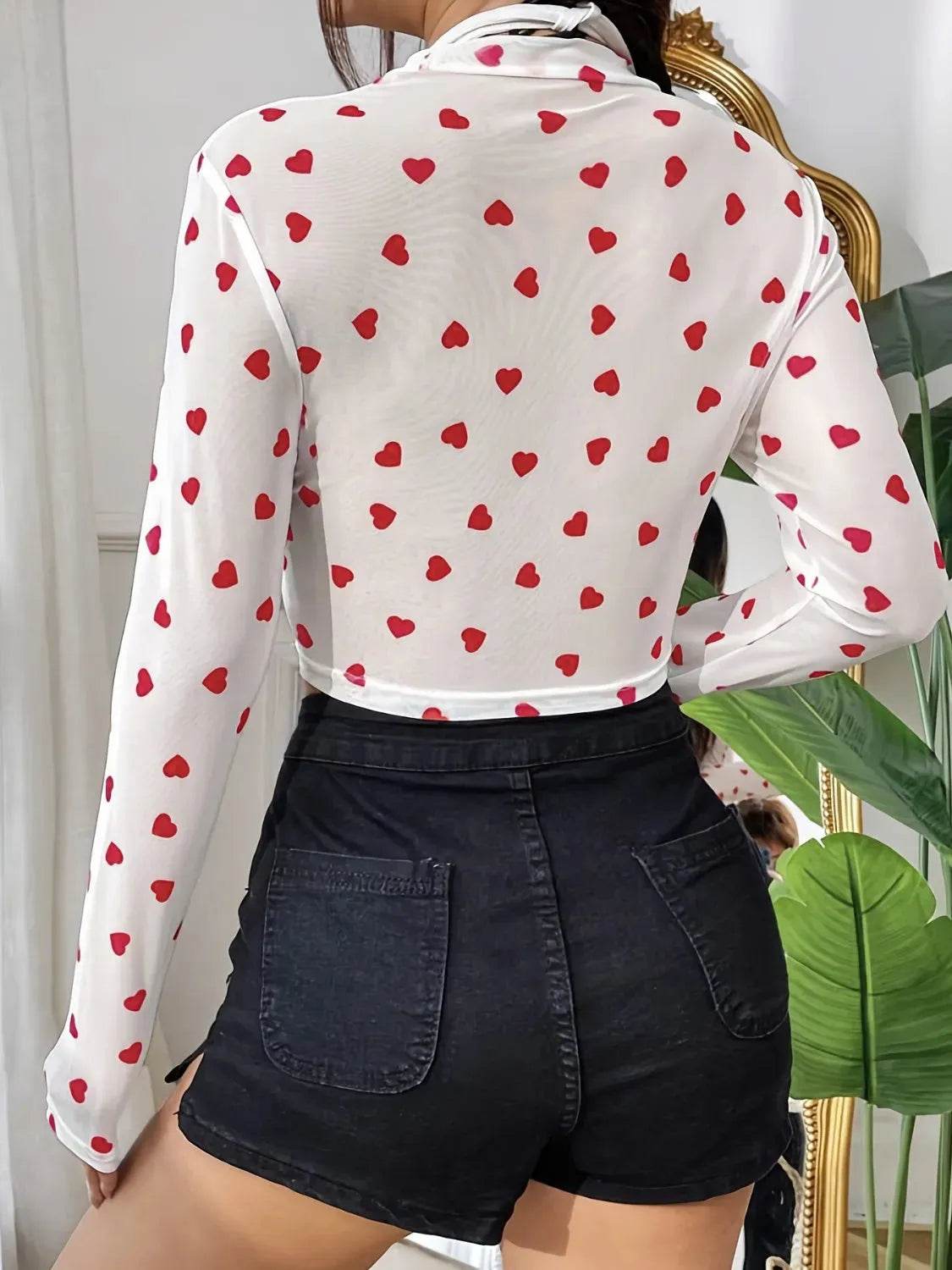 Heart Round Neck Long Sleeve Sheer Top - Bona Fide Fashion