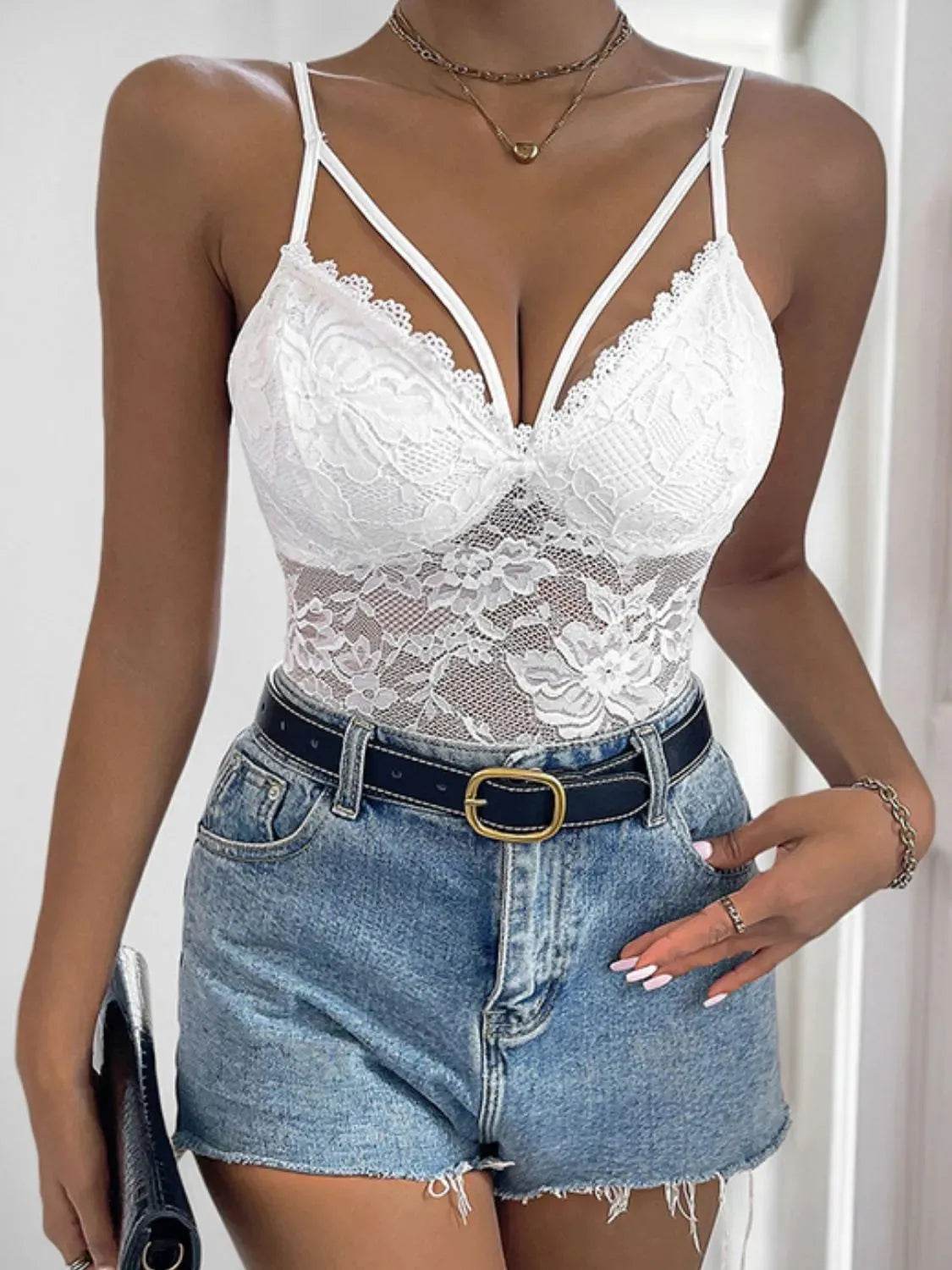 Perfee Spaghetti Strap Lace Bodysuit - Bona Fide Fashion