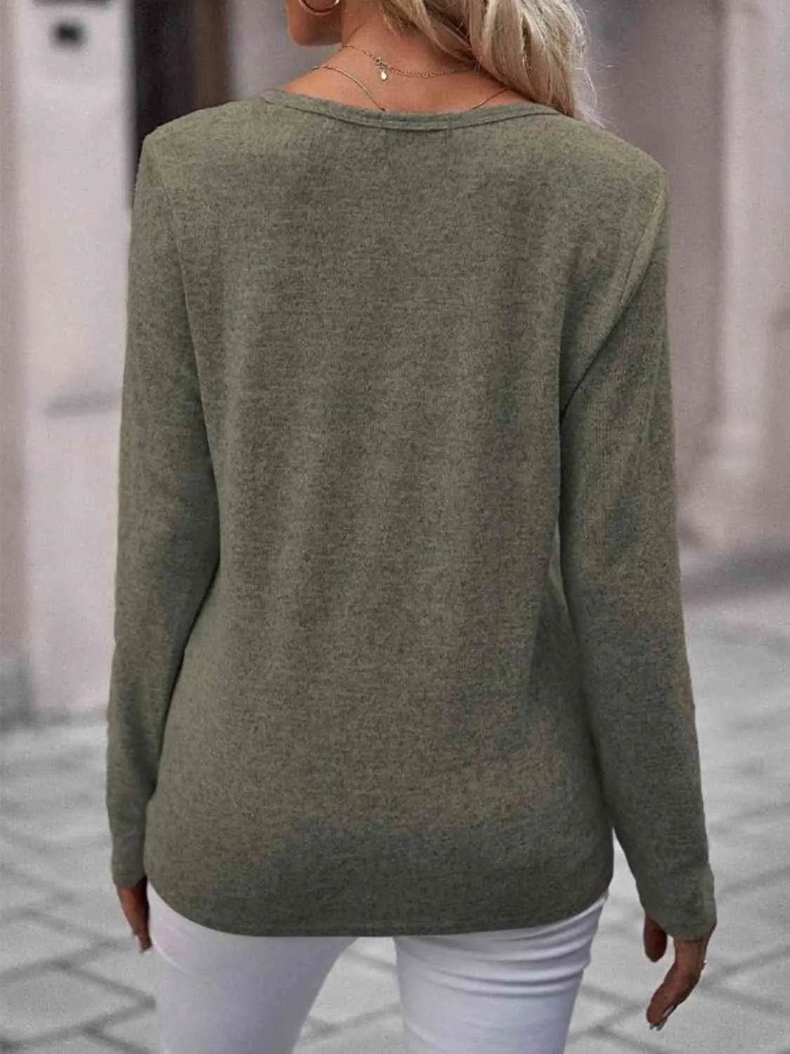 Round Neck Buttoned Long Sleeve T-Shirt - Bona Fide Fashion