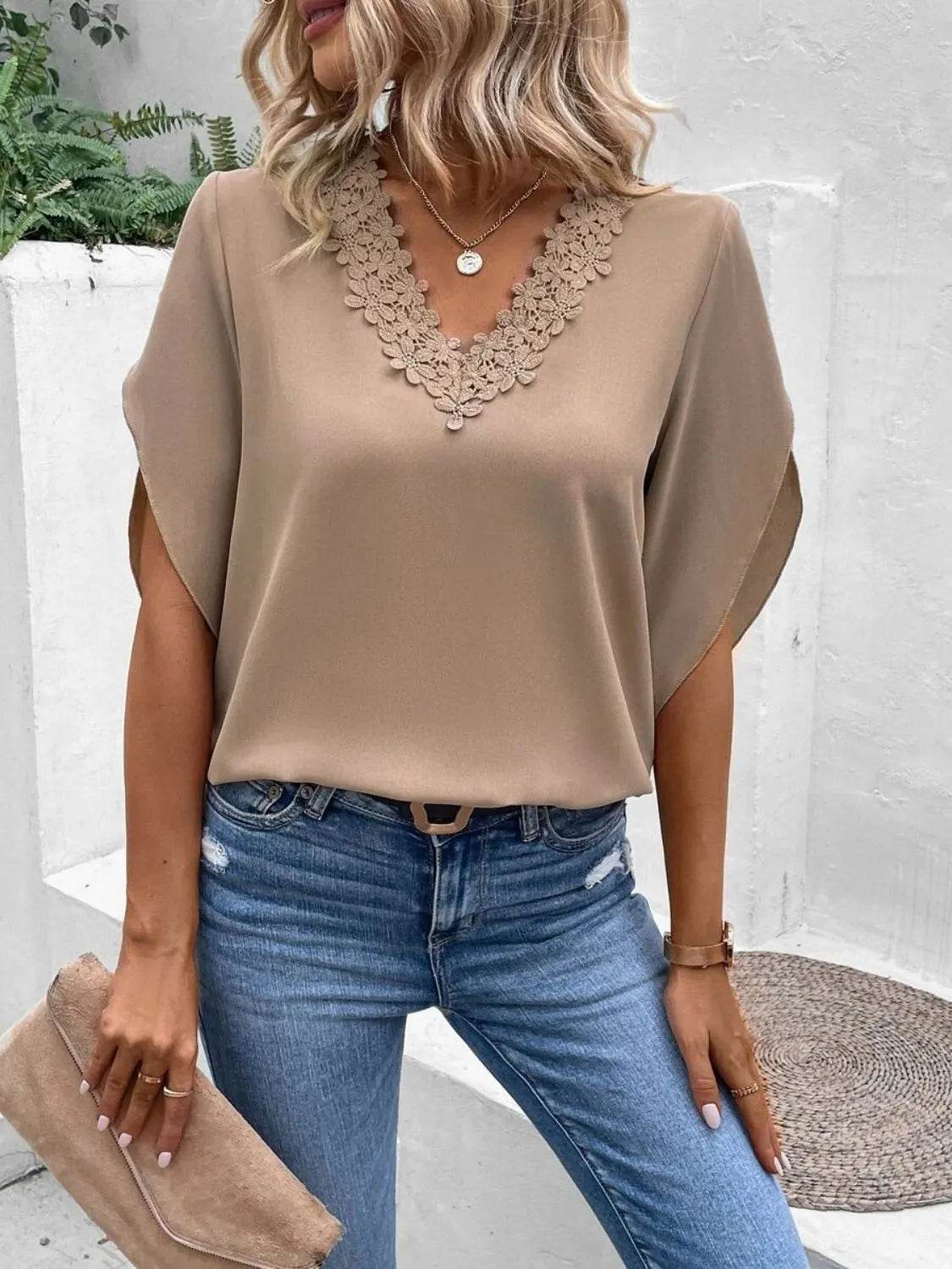 Lace Detail V-Neck Half Sleeve Blouse - Bona Fide Fashion